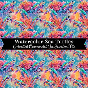 Patrón sin costuras de tortugas marinas de colores / Papel digital de tortugas marinas de acuarela / Impresión de tortugas marinas arcoíris / Patrón repetido bajo el agua del océano