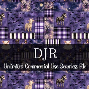 May include: A seamless pattern featuring a patchwork design with a Halloween theme. The pattern includes images of skeleton horses, goats, bats, and ghosts against a backdrop of purple plaid, trees, and a night sky. The text "DJR Unlimited Commercial Use Seamless File" is displayed.