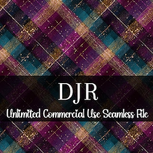 May include: Seamless digital file with a plaid pattern in teal, purple, and gold. The design features diagonal lines and a textured appearance. The text "DJR Unlimited Commercial Use Seamless File" is displayed across the image.