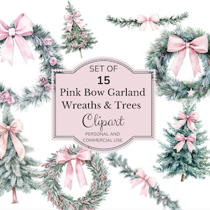 Watercolor Pink Bow Clipart | Christmas Garland | Vintage Christmas | Pink Coquette Bow | Pink Holiday Clipart | Commercial License