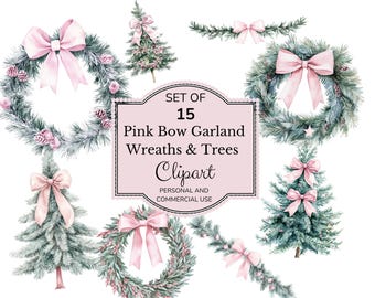 Watercolor Pink Bow Clipart | Christmas Garland | Vintage Christmas | Pink Coquette Bow | Pink Holiday Clipart | Commercial License