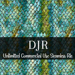Peut inclure: Motif sans couture avec un motif d'écailles de reptile dans des tons de turquoise, de vert et d'or. Une bannière noire superposée contient le texte blanc "DJR Unlimited Commercial Use Seamless File".