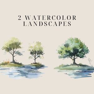 May include: Two watercolor paintings of landscapes with trees and water. The trees are green and the water is blue. The paintings are on a light beige background.