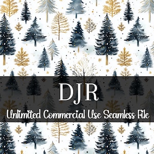 Modèle sans couture d'arbre à feuilles persistantes | Papier numérique aquarelle pour les fêtes | Motif de Noël doré à l'aquarelle | Arbre PNG | Motif répétitif PNG