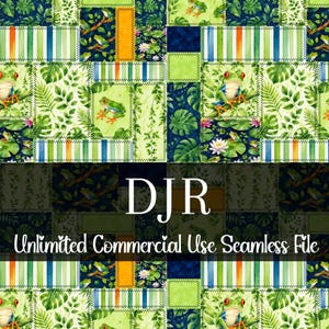 May include: A seamless pattern featuring a patchwork design with frogs, leaves, and floral elements in shades of green, blue, and orange. The text "DJR Unlimited Commercial Use Seamless File" is displayed across the image.