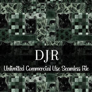 May include: Seamless digital file with a repeating pattern featuring black panthers, paw prints, and foliage in shades of green and black. The text "DJR Unlimited Commercial Use Seamless File" is displayed.