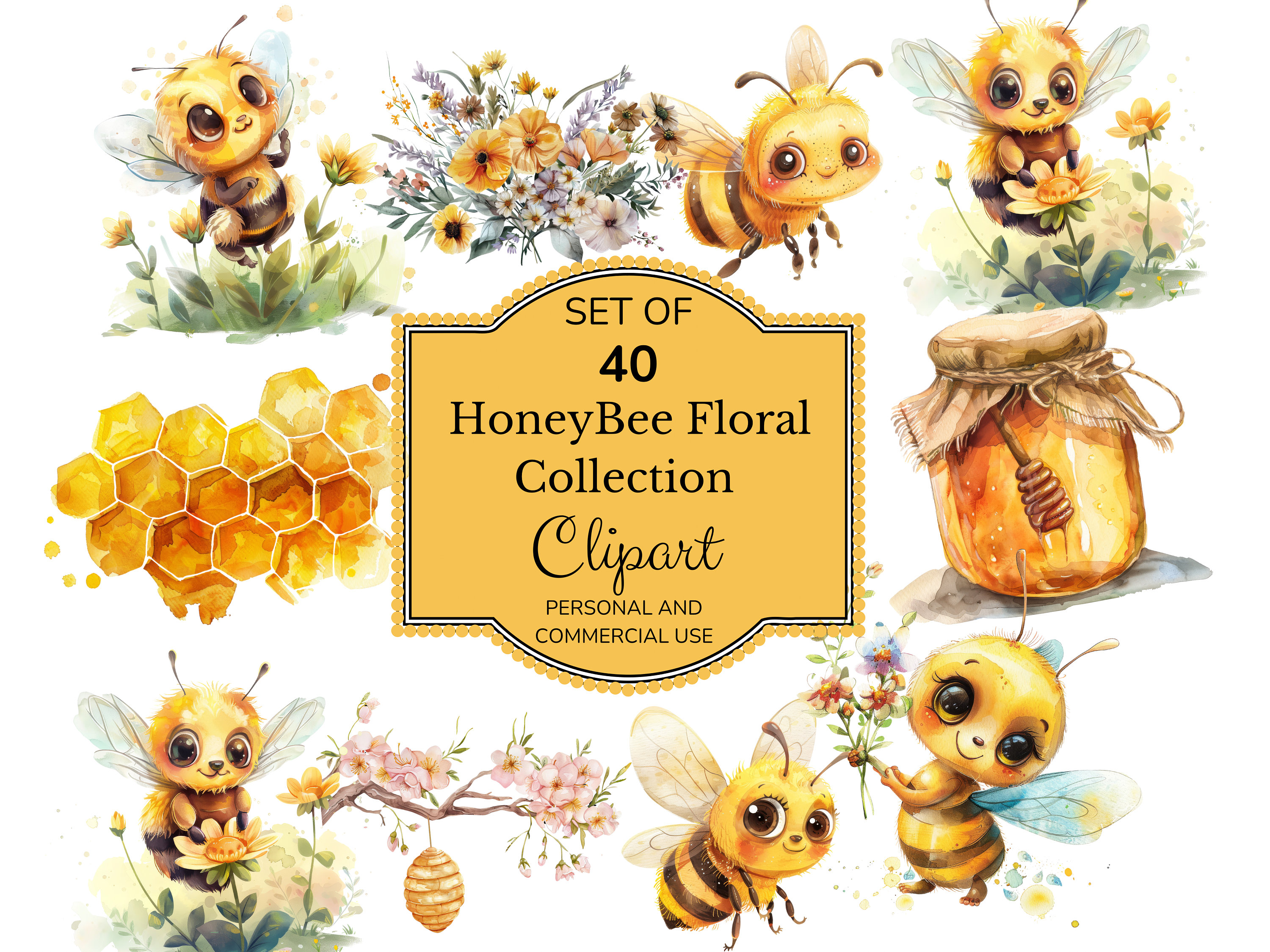 Watercolor Honey Bee Clipart | Bee Floral Clipart | Bee Png | Bumble ...