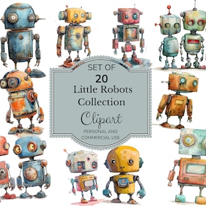 Cute Robot Watercolor Clip Art | Commercial Use | Transparent PNGs | Watercolor Clipart | Graphics and Illustrations for Party Invitations