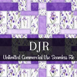 May include: Seamless pattern featuring watercolor irises in shades of purple and white. The design includes rectangular blocks with floral illustrations and the word "February". The text "DJR Unlimited Commercial Use Seamless File" is also present.