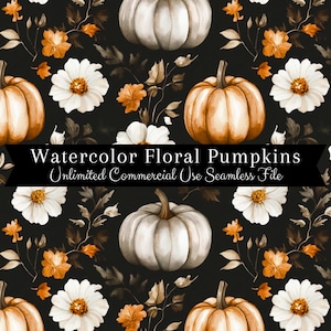 Może przedstawiać: Wzór bez szwów z akwarelowymi dyniami i białymi kwiatami na czarnym tle. Tekst "Watercolor Floral Pumpkins Unlimited Commercial Use Seamless File" jest wyświetlany na czarnym banerze.