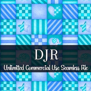 Puede incluir: Archivo digital sin costuras con un diseño de patchwork en tonos azules y turquesas. El patrón incluye corazones, estrellas, elefantes y cuadrados a cuadros y rayas. Se muestra el texto "DJR Unlimited Commercial Use Seamless File".