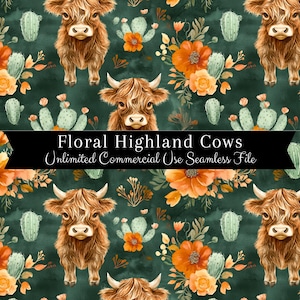 Nahtloses Highland Kuh Muster | Aquarell Sukkulenten Kaktus | Bauernhof Hintergründe Nahtlose Datei | Sich wiederholendes Muster PNG | Kommerzielle Rechte PNG