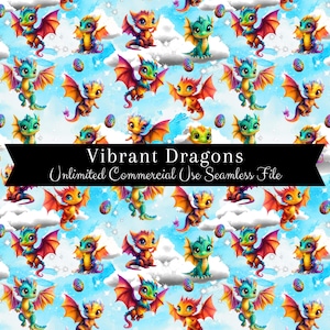 Baby Dragon Seamless Pattern | Watercolor Dragon Digital Paper | Watercolor Rainbow Dragon Pattern | Watercolor Dragon Repeating Pattern