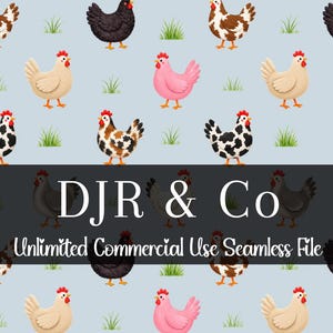 Puede incluir: Un patrón continuo que presenta varias gallinas en colores marrón, negro, blanco y rosa, intercaladas con pequeños parches de hierba verde sobre un fondo azul claro. El texto DJR & Co Unlimited Commercial Use Seamless File está superpuesto.