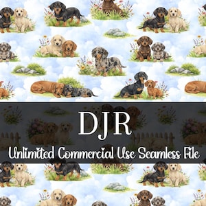 May include: Seamless pattern featuring watercolor illustrations of Dachshund dogs in various colors and poses. The dogs are set against a light blue sky background with clouds, grass, and flowers. The text "DJR Unlimited Commercial Use Seamless File" is also present.