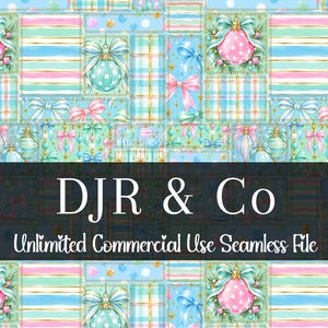 Pastel Christmas Patchwork | Christmas Digital Paper | Repeating Pattern | Preppy Pastel Holiday Seamless | Ornaments | Coquette Bows