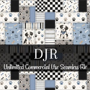 May include: A seamless pattern featuring a patchwork design with various dog-themed elements. The design includes images of puppies, paw prints, bones, and text like "Woof" and "Good Boy." The color palette consists of blue, black, white, and gray.