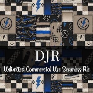 Patrón de patchwork de monopatín sin costuras / Cuadros retro acuarela / Archivo sin costuras para niño / Patrón de cuadros repetitivo / Derechos comerciales / Grunge