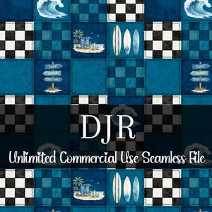 Könnte beinhalten: Eine nahtlose digitale Datei mit einem Patchwork-Design zum Thema Surfen. Das Muster enthält Surfbretter, Wellen, Strandhütten und Richtungsschilder in Blau, Weiß und Schwarz. Der Text "DJR Unlimited Commercial Use Seamless File" ist ebenfalls vorhanden.