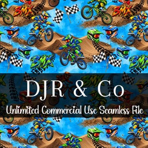 May include: A seamless pattern featuring BMX riders on dirt tracks, checkered flags, and helmets against a blue background. The text DJR & Co and Unlimited Commercial Use Seamless File is overlaid in the centre of the repeating graphic design.