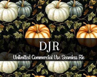 Watercolor Autumn Pumpkins On Vines Seamless Print | Commercial Use Pumpkin Repeating Pattern | Fall Moody Floral Pumpkins Print