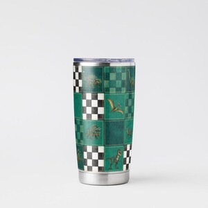 May include: Stainless steel travel tumbler with a green and black checkered pattern. The design features various dinosaurs. The tumbler has a silver rim and base, and a clear lid. The overall theme is dinosaurs.