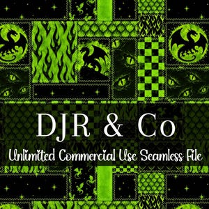 Könnte beinhalten: Ein nahtloses digitales Muster aus einem Patchwork aus schwarzen und neongrünen Quadraten mit Drachensilhouetten, Reptilienschuppen, Flammen und leuchtenden Augen. Der Text DJR & Co und Unlimited Commercial Use Seamless File ist weiß zentriert.