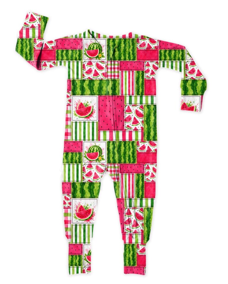 May include: A long-sleeve one-piece sleeper featuring a patchwork design of watermelon-themed patterns. The garment displays alternating squares of pink watermelon flesh, green rind textures, and white stripes, accented with illustrations of watermelon slices.