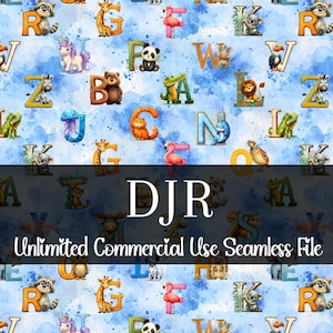 以下が含まれることがあります： 水彩画の動物イラストとアルファベットを組み合わせたシームレスパターン。各文字には、'R'のタヌキや'G'のキリンなど、対応する動物が描かれています。背景は淡い青色の水彩画。テキスト「DJR」と「Unlimited Commercial Use Seamless File」も含まれています。