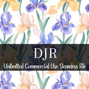 May include: Seamless pattern featuring watercolor irises in shades of purple, yellow, and peach, set against a white background. The design includes green leaves and stems. The text "DJR Unlimited Commercial Use Seamless File" is displayed.