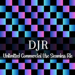 May include: A digital seamless file with a checkerboard pattern. The squares transition from blue to pink and purple, set against a black background. The text "DJR" and "Unlimited Commercial Use Seamless File" are displayed.