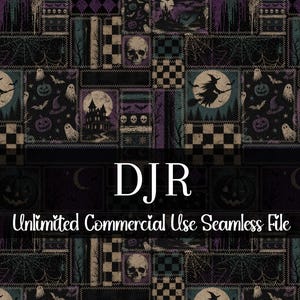 May include: A seamless pattern featuring Halloween-themed illustrations. The design includes witches on broomsticks, haunted houses, pumpkins, ghosts, and skulls. The color palette consists of black, purple, teal, and beige. The text "DJR" and "Unlimited Commercial Use Seamless File" are also present.