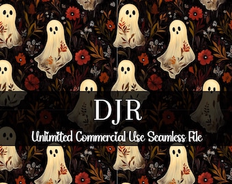Ghost Fall Floral Seamless Pattern | Watercolor Ghost Digital Paper | Ghost Pattern | Watercolor Halloween | Fall Repeating Pattern PNG