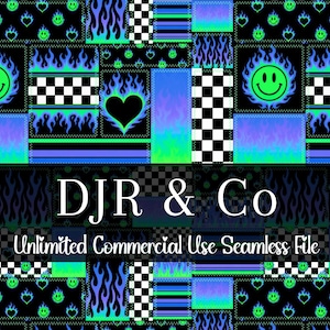 May include: A digital pattern featuring a patchwork of black and white checkerboard squares, neon green smiley faces, and blue flame motifs. The text DJR & Co and Unlimited Commercial Use Seamless File is overlaid in white across the center of the image.