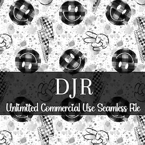 May include: A monochrome seamless pattern with smiley faces, peace signs, and lightning bolts with a checkered design. The background has a watercolour splatter effect. The text "DJR Unlimited Commercial Use Seamless File" is displayed.