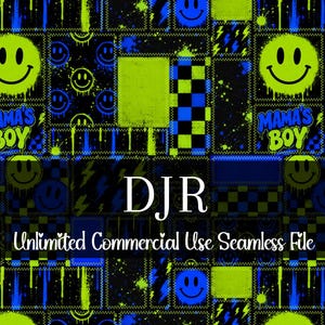May include: Seamless digital file with a repeating pattern featuring neon green smiley faces, blue accents, and the text "MAMA'S BOY." The design includes lightning bolts, checkered squares, and the text "DJR Unlimited Commercial Use Seamless File."