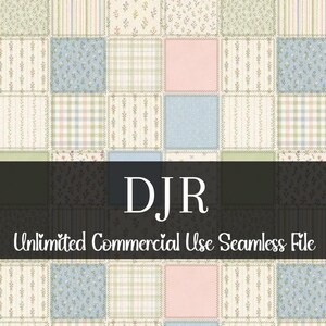 May include: A patchwork pattern design featuring squares of various floral and plaid prints in pastel colors. The design includes squares of pink, blue, and green. The text "DJR Unlimited Commercial Use Seamless File" is displayed on a dark banner.