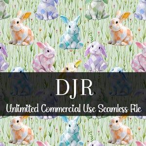 May include: A repeating pattern of watercolour bunnies in pastel shades of orange, pink, blue, and purple, with a diamond pattern. The bunnies are set against a light green background with tall grass and small flowers. The text "DJR Unlimited Commercial Use Seamless File" is at the bottom.