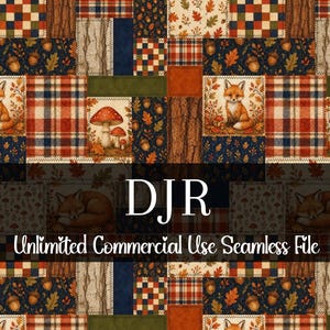 Puede incluir: Un diseño de patchwork con elementos del bosque. El patrón incluye ilustraciones de zorros, setas, bellotas y hojas de otoño. La paleta de colores consiste en tonos cálidos como el naranja, el rojo y el marrón, con acentos de azul marino y verde. El texto "DJR Unlimited Commercial Use Seamless File" también está presente.