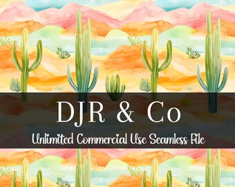 May include: A seamless digital pattern featuring watercolor desert landscapes with green saguaro cacti against rolling hills of orange, yellow, and pink. A dark overlay displays the white text DJR & Co and Unlimited Commercial Use Seamless File.