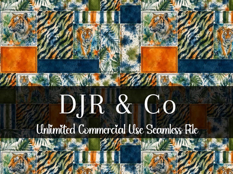 Patchwork Tiger Seamless Pattern | Watercolor Jungle Digital Paper | Nursery Seamless Pattern | Zoo Animal Jungle Print | Repeating Pattern image 1