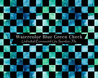 Watercolor Blue and Green Checkered Seamless Print | Checker Seamless Pattern | Commercial Use Pattern | Repeating Print | Watercolor Green