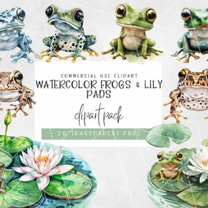 Clipart de sapo bebê fofo em aquarela | Sapo na almofada de lírio | Clipart de lagoa | Clipart de animais | Clipart de anfíbios | Arte do berçário | Uso comercial