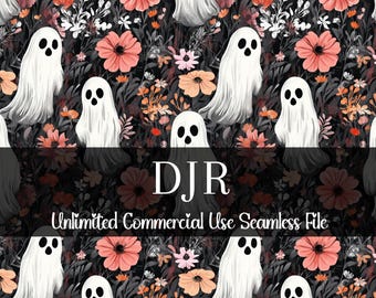 Ghost Fall Floral Seamless Pattern | Watercolor Ghost Digital Paper | Ghost Pattern | Watercolor Halloween | Fall Repeating Pattern PNG