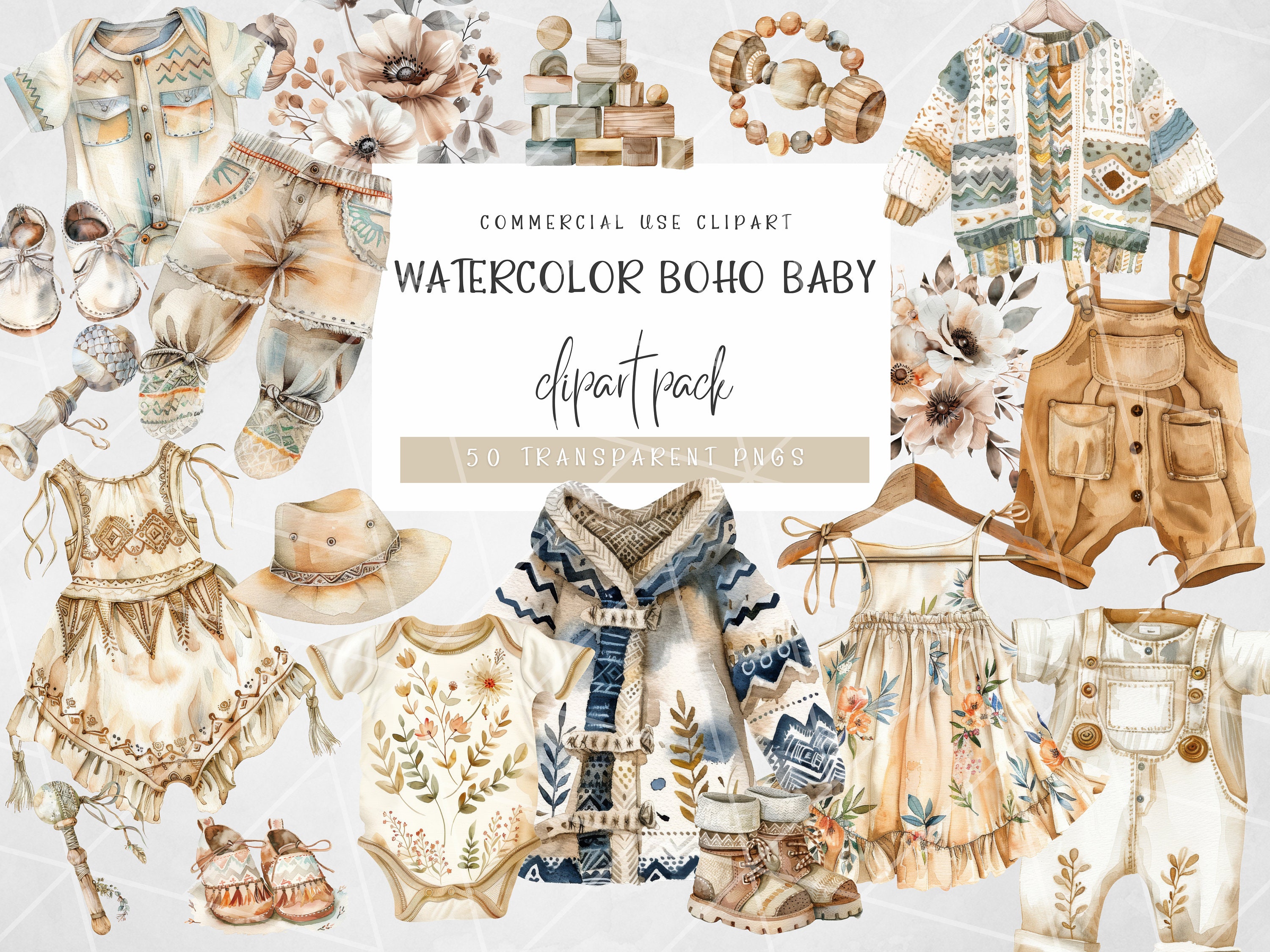 Watercolor Boho Baby Clothes Clipart | Boho Baby Girl Clipart | Boho ...