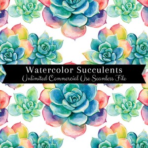 May include: A seamless pattern featuring watercolor succulents in shades of blue, green, pink, and yellow. The pattern is perfect for creating digital or printed designs.