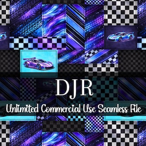 May include: A seamless digital file featuring a patchwork design with race cars, checkered patterns, and abstract blue and purple elements. The text "DJR" and "Unlimited Commercial Use Seamless File" are also included.