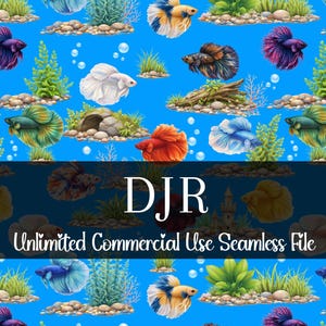 May include: A seamless pattern with vibrant betta fish in shades of blue, purple, yellow, and orange, set against a light blue backdrop. The design incorporates aquatic plants and rocks. The text "DJR Unlimited Commercial Use Seamless File" is displayed.