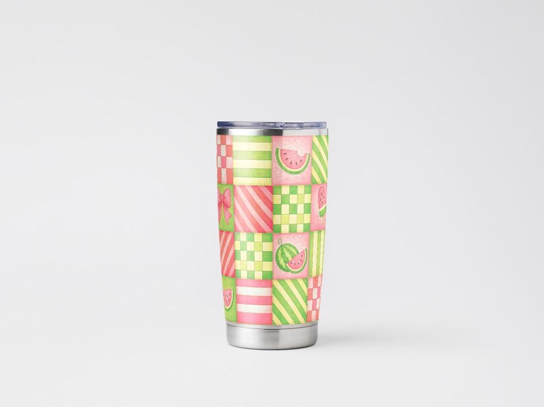 May include: A stainless steel tumbler with a colorful patchwork design featuring watermelon slices, stripes, and checkered patterns in pink, green, and white. The tumbler has a silver base and a dark blue lid.