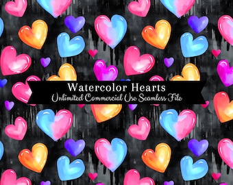 Watercolor Valentines Seamless Print | Heart Seamless Pattern | Commercial Use Pattern | Repeating Print | Watercolor Rainbow Hearts PNG